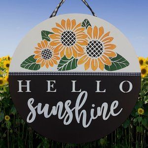 Hello Sunshine Painted Sunflower Canvas Sign 16" Wall Round Summer Fall Decor